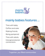 Brochure or flyer for 'mainly babies' featuring a baby and text about community activities.