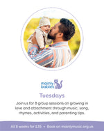 Promotional flyer for 'mainly babies' sessions featuring a father and child, with the event details on a white background.